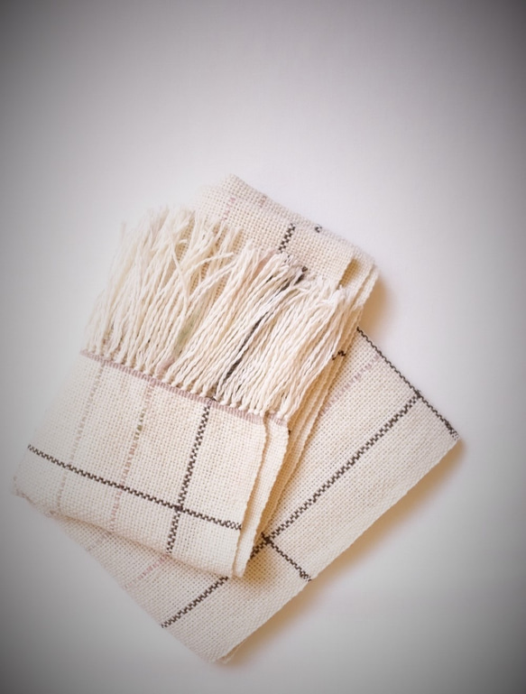 オフホワイト　カシミア・メリノロングスカーフ　手織り　 5枚目の画像