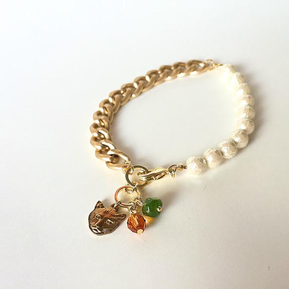 Cotton pearl & CAT motif bracelet_BRT011 1枚目の画像