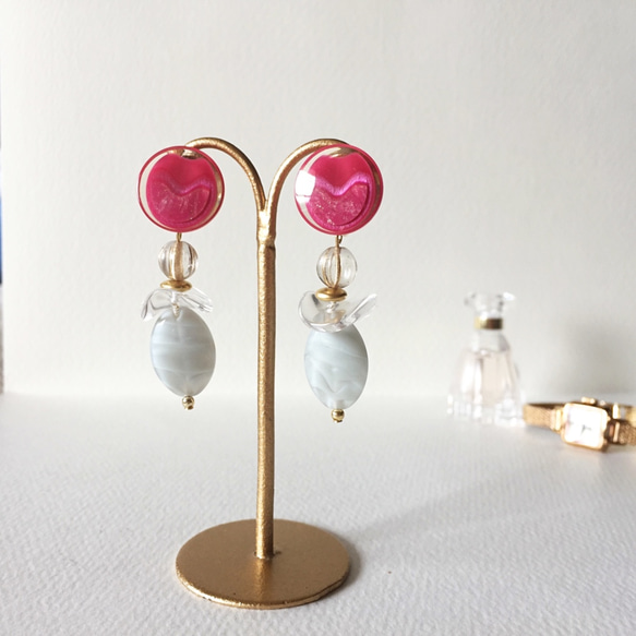 Pink retro button big earring_PIC152 2枚目の画像