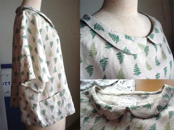 リネン葉っぱ柄の衿付きチュニックブラウス 1枚目の画像