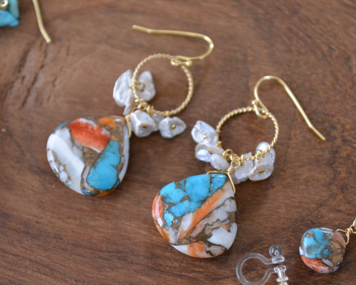 天然ターコイズ＆水晶＆淡水パール ピアス 数量限定。天然石「淡水パールとオイスターカッパーターコイズ」ピアス