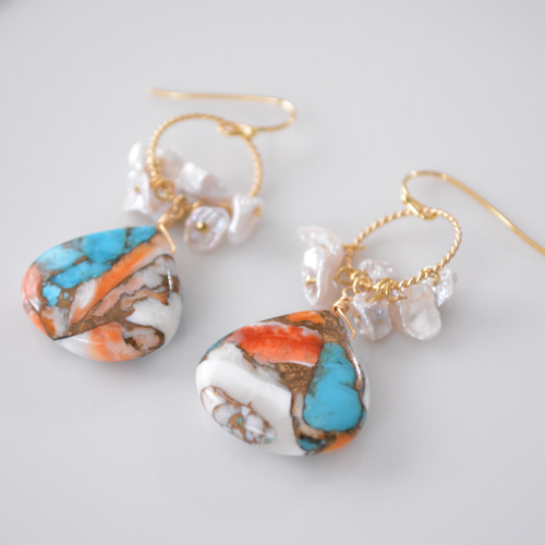 天然ターコイズ＆水晶＆淡水パール ピアス 数量限定。天然石「淡水パールとオイスターカッパーターコイズ」ピアス