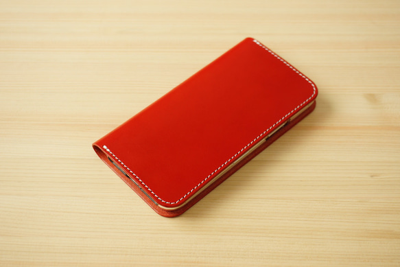 牛革 iPhone13 mini カバー  ヌメ革  レザーケース  手帳型  レッドカラー 2枚目の画像