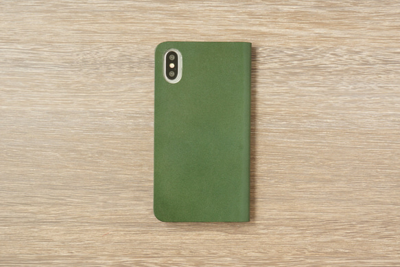 牛革 iPhone XS Max カバー  ヌメ革  レザーケース  手帳型  グリーンカラー 4枚目の画像