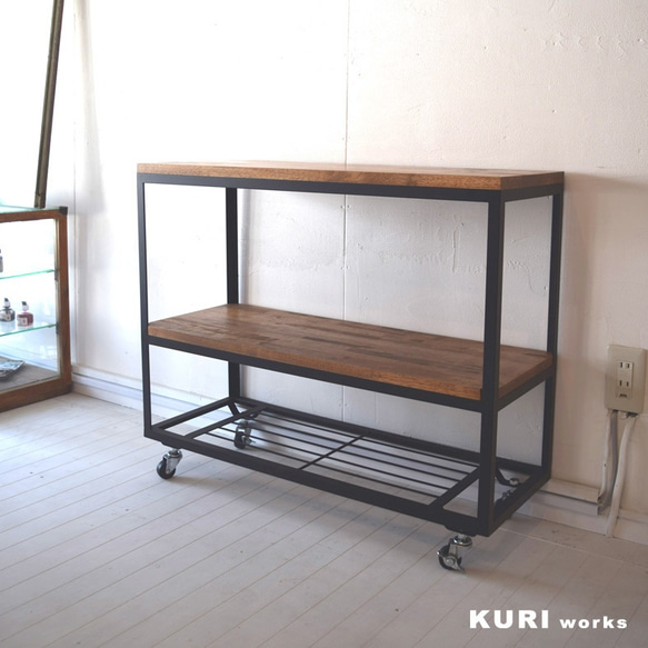 キャスター付オープンラック（アイアン＋ウッド 無垢材セレクト） 2枚目の画像
