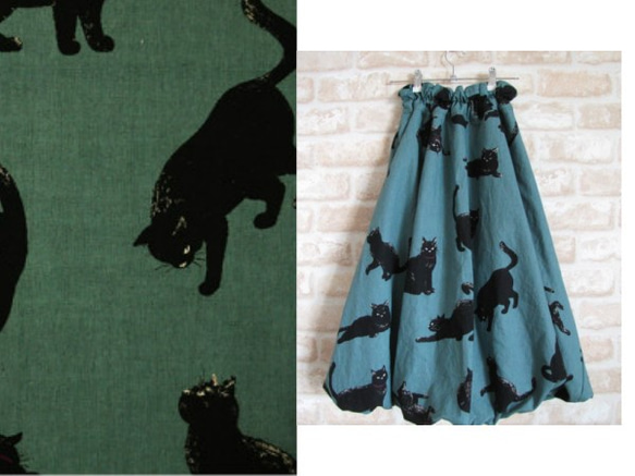 黒猫グリーン・バルーンスカート【受注作成・サイズオーダー・おおきいサイズも作成可】 2枚目の画像
