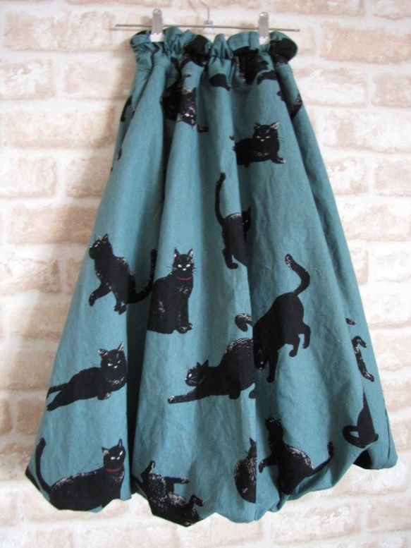 黒猫グリーン・バルーンスカート【受注作成・サイズオーダー・おおきいサイズも作成可】 9枚目の画像
