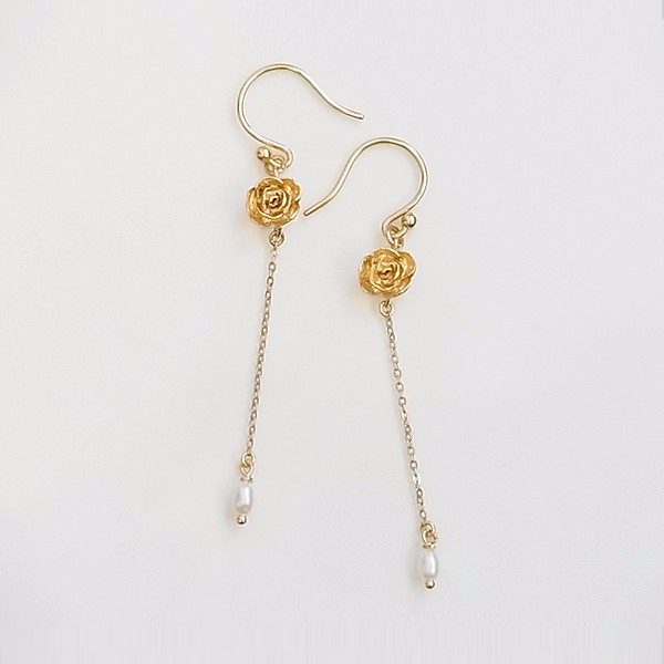 ローズとパールのフリンジピアス(gold)