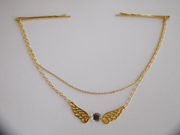 ゴールド　天使の羽の２連バックカチューシャ　ヘアピンタイプ 2枚目の画像