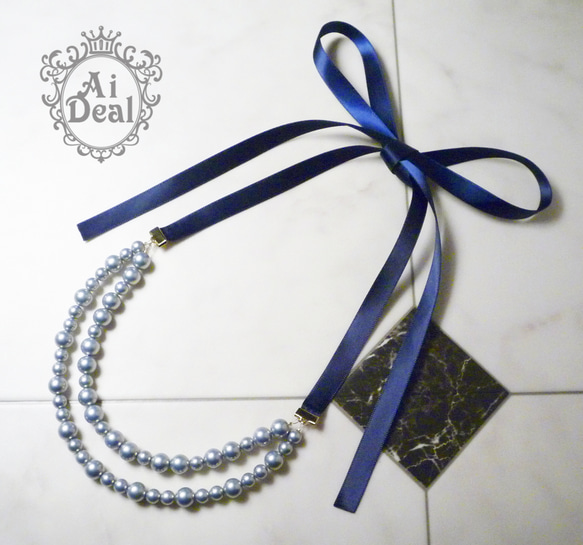 ＊Satin ribbon bow silky pearl necklace＊結婚式＊送料無料 1枚目の画像