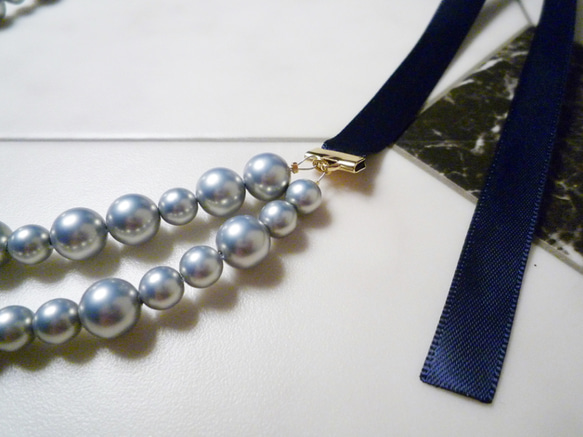 ＊Satin ribbon bow silky pearl necklace＊結婚式＊送料無料 2枚目の画像