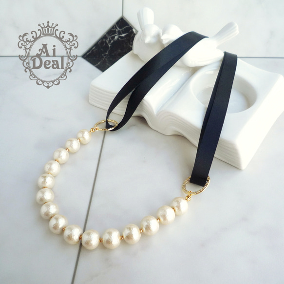 SOLDOUT＊Satin ribbon cotton pearl necklace 1枚目の画像