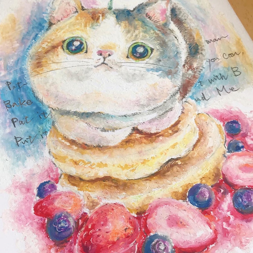 オイルパステル原画 パンケーキ猫（送料無料） イラスト R 通販