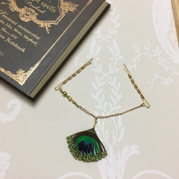 NEW✴︎gorgeous peacock feather ショートバックカチューシャ✴︎受注制作 1枚目の画像