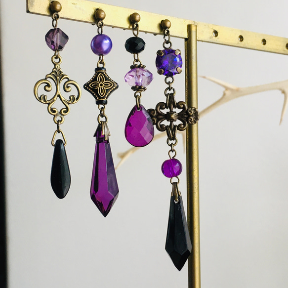 再販×42 夜の魔術部 ヴィランズ マルフィ 紫と黒 クリスタル ピアス 四