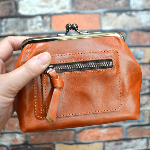 がま口コインキャッチャー｜オレンジキャメル｜オイルレザー｜本革