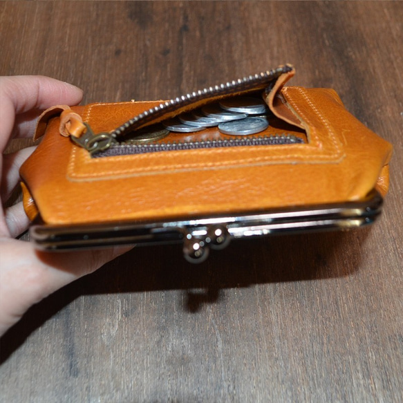 がま口コインキャッチャー｜オレンジキャメル｜オイルレザー｜本革｜財布｜かわいい 7枚目の画像