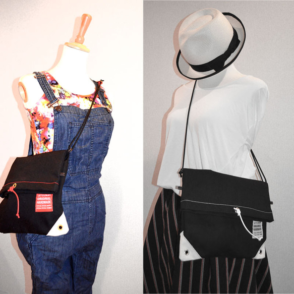 ブラックデニムのキレイ系スタイルにも合うサコッシュ　大きめサイズ 4枚目の画像