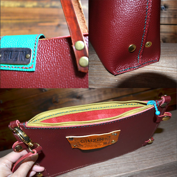 【1点もの】小さくてりんごのように可愛いミニレザーバッグ　仕切り→ポーチに早変わり 7枚目の画像