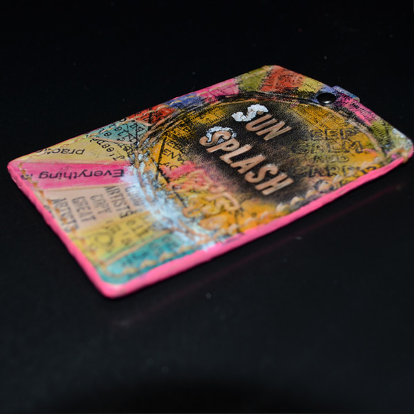 ヌメ革【1点もの】サンスプラッシュ　手縫い手染め手描き　こだわりレザーパスケース　定期券入れ　カード　ＩＤ　バゲッジ・ネ 2枚目の画像