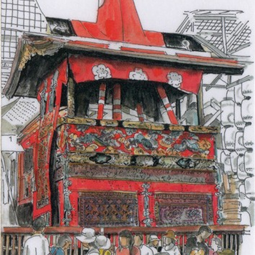 祭りの風景 水彩画 桜並木の堤防と小川 (透明水彩風景画) Row of cherry trees