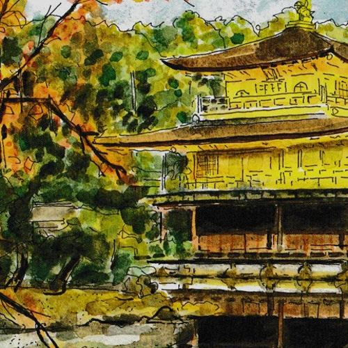 A4サイズ「秋の金閣寺」 京の水彩画工房 絵画 京の水彩画工房