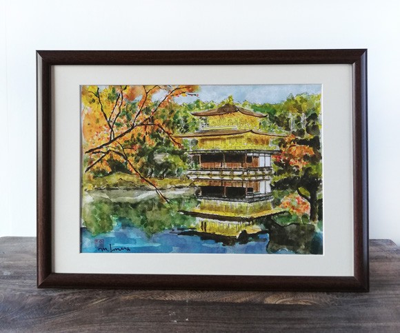 【気質アップ】 A4サイズ「秋の金閣寺」 京の水彩画工房 絵画 京の水彩画工房 絵画