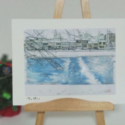 ご予約品「水彩画ミニアート」京都 雪の鴨川 2枚目の画像