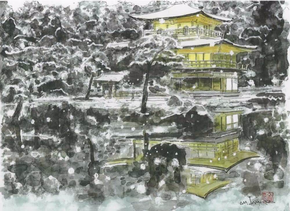 水彩画ミニアート」京都 雪の金閣寺 絵画 京の水彩画工房 みちや