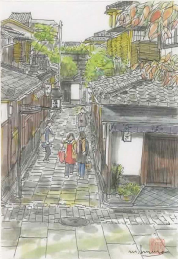 「水彩画ミニアート」京都 石塀小路（いしべこうじ）２ 1枚目の画像