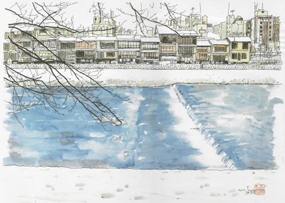 京都 雪の鴨川（額付） 4枚目の画像