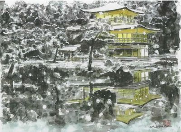 水彩画ミニアート「雪の金閣寺」 絵画 京の水彩画工房 みちや 通販
