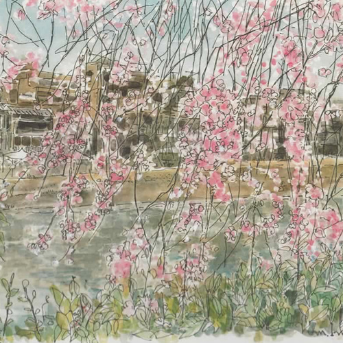 水彩画ミニアート」京都 鴨川の桜 絵画 京の水彩画工房 みちや