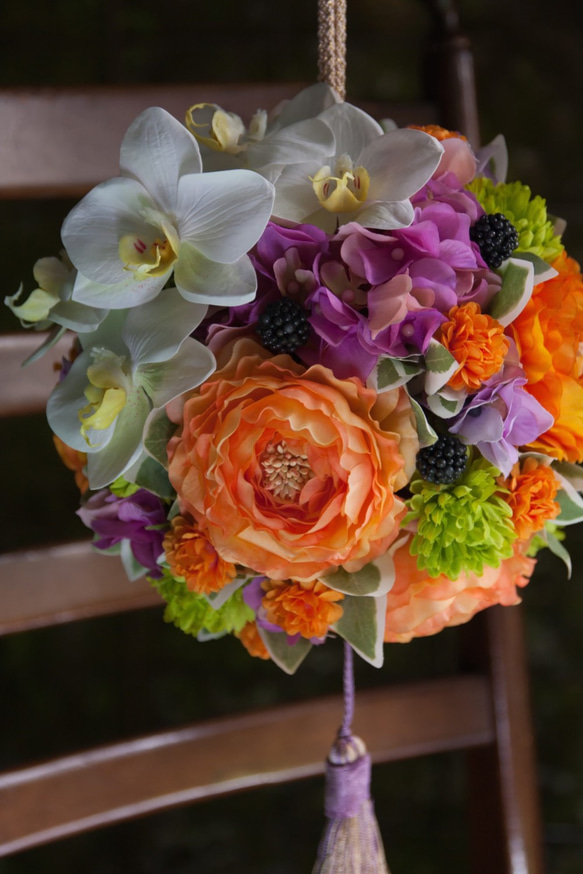 花　アートフラワーブーケ　造花　アートフラワー　4 ウェディングブーケ｜アートフラワー（造花）の和装ボール オレンジ