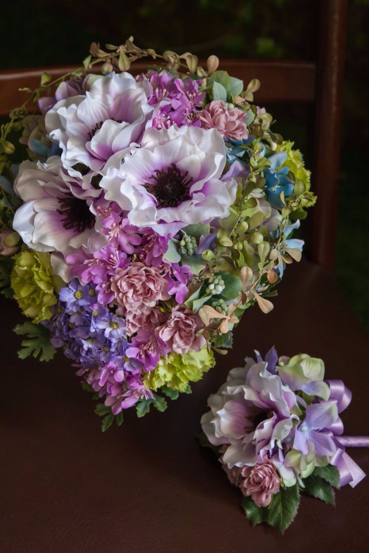 造花ブーケ｜ティアドロップ　パープル×ピンク　アネモネ アジサイ ブルースター