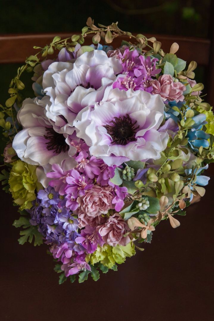 造花ブーケ｜ティアドロップ　パープル×ピンク　アネモネ アジサイ ブルースター