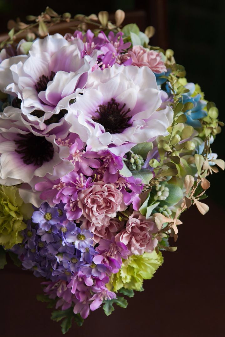 造花ブーケ｜ティアドロップ　パープル×ピンク　アネモネ アジサイ ブルースター