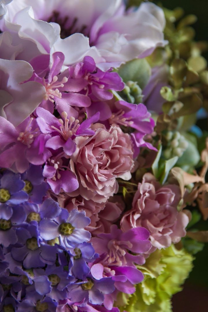 造花ブーケ｜ティアドロップ　パープル×ピンク　アネモネ アジサイ ブルースター