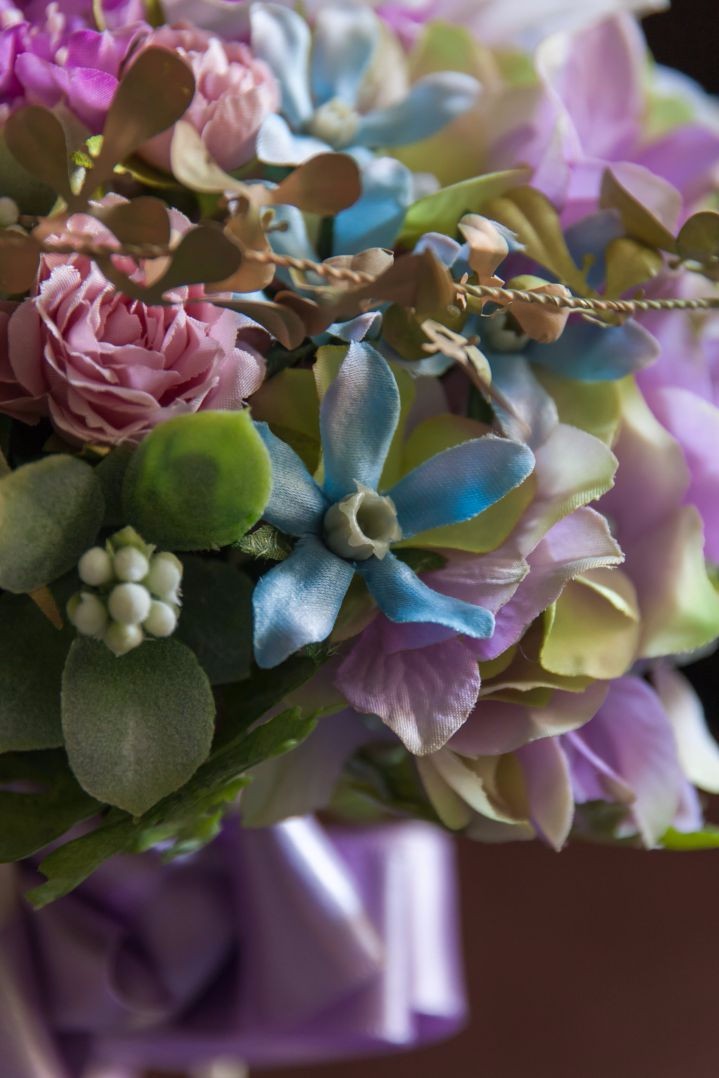 造花ブーケ｜ティアドロップ　パープル×ピンク　アネモネ アジサイ ブルースター
