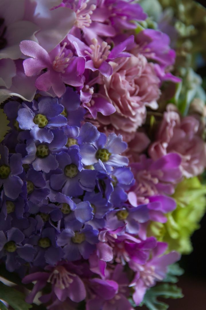 造花ブーケ｜ティアドロップ　パープル×ピンク　アネモネ アジサイ ブルースター