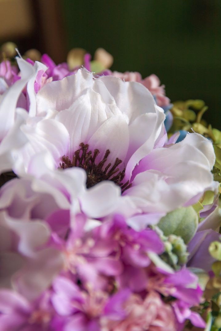 造花ブーケ｜ティアドロップ　パープル×ピンク　アネモネ アジサイ ブルースター