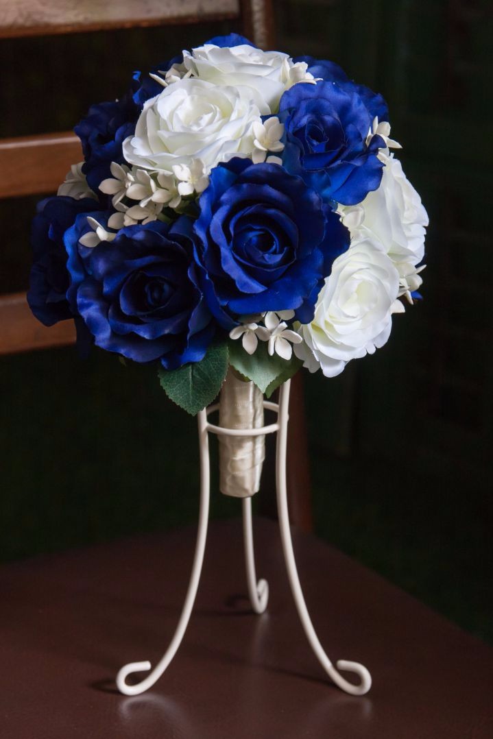 造花ウェディングブーケ ｜ラウンド ホワイト×ブルー ローズ