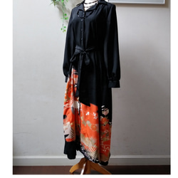 着物リメイクワンピース/M〜L/黒留袖ドレス/長袖/フォーマル 3枚目の画像