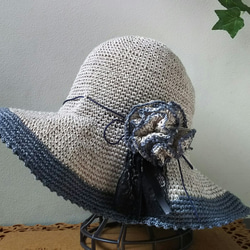 麻で編んだ  麦わら帽子(ベージュ＆ブルーグレー) 1枚目の画像