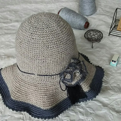 麻で編んだ  麦わら帽子(ベージュ＆ブルーグレー) 3枚目の画像