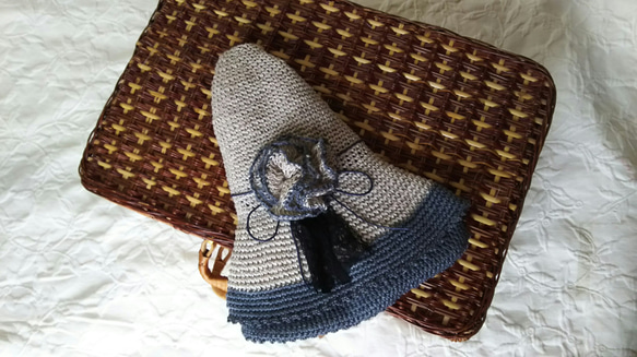 麻で編んだ  麦わら帽子(ベージュ＆ブルーグレー) 4枚目の画像