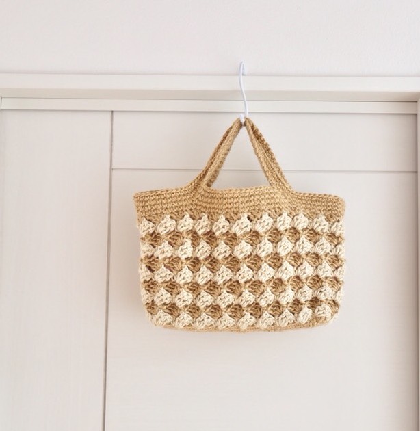 再販＊麻ひもかごショルダーbag ホワイト×ナチュラルの模様編み Mサイズ＊受注制作
