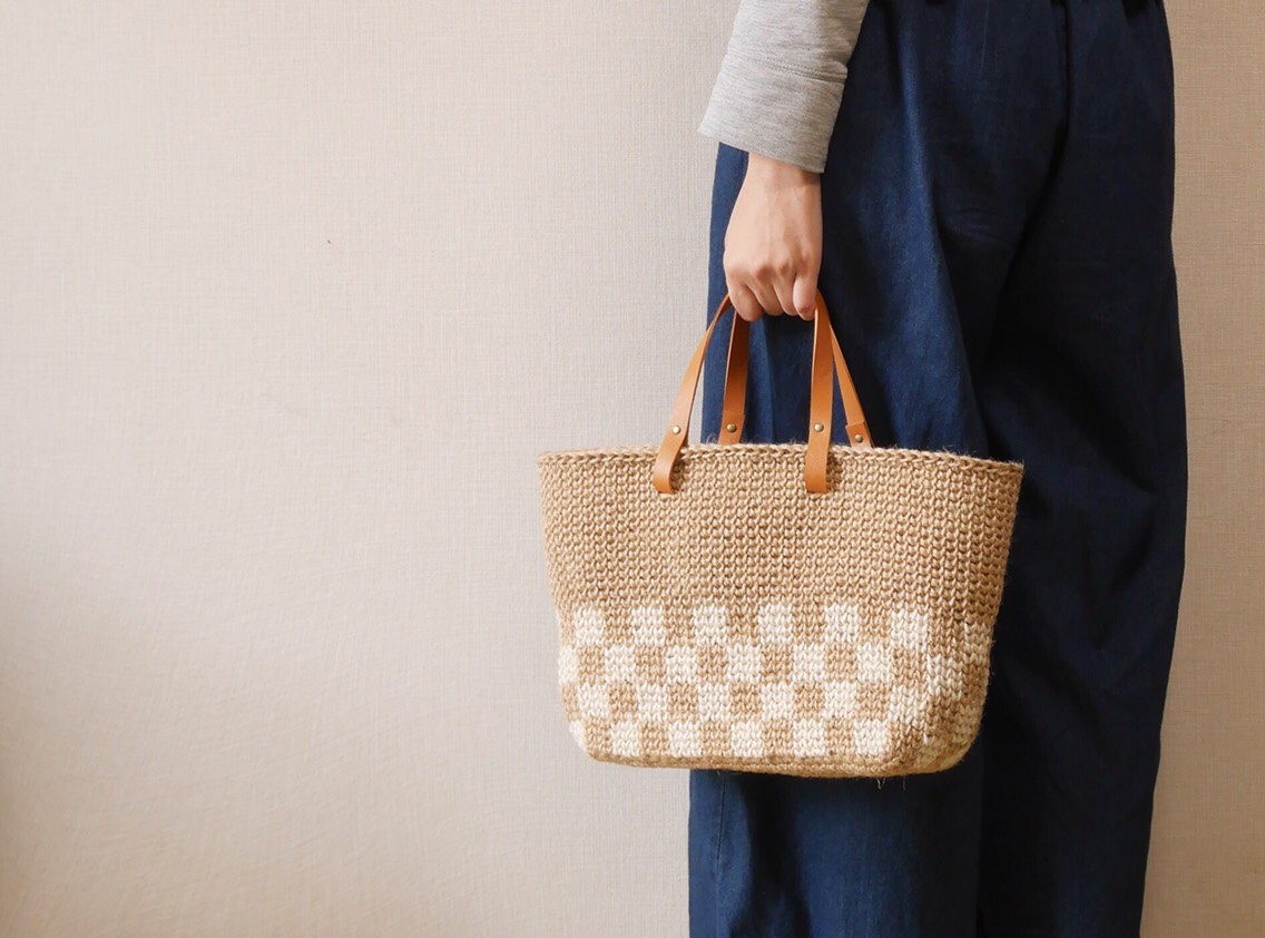 麻ひもかごバッグ 市松模様 ③ Lサイズ【受注制作】