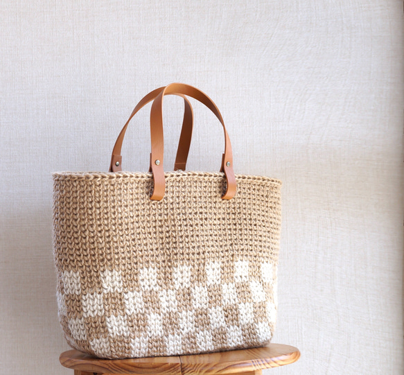 麻繩籃包，格子圖案，L碼[訂製] 第2張的照片