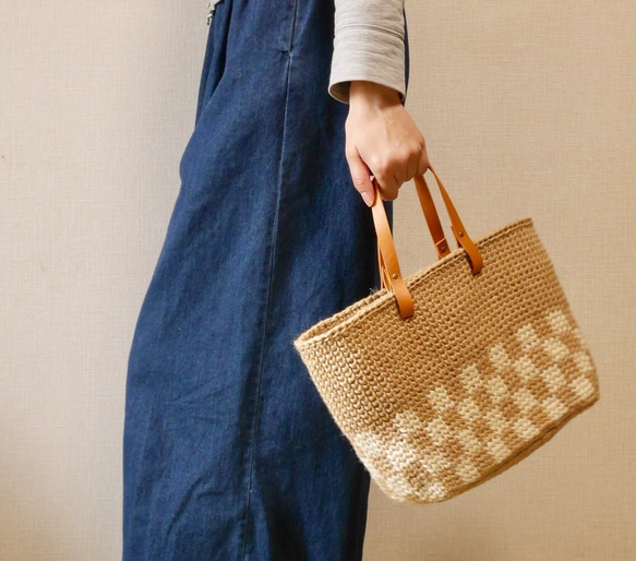 麻繩籃包，格子圖案，L碼[訂製] 第3張的照片
